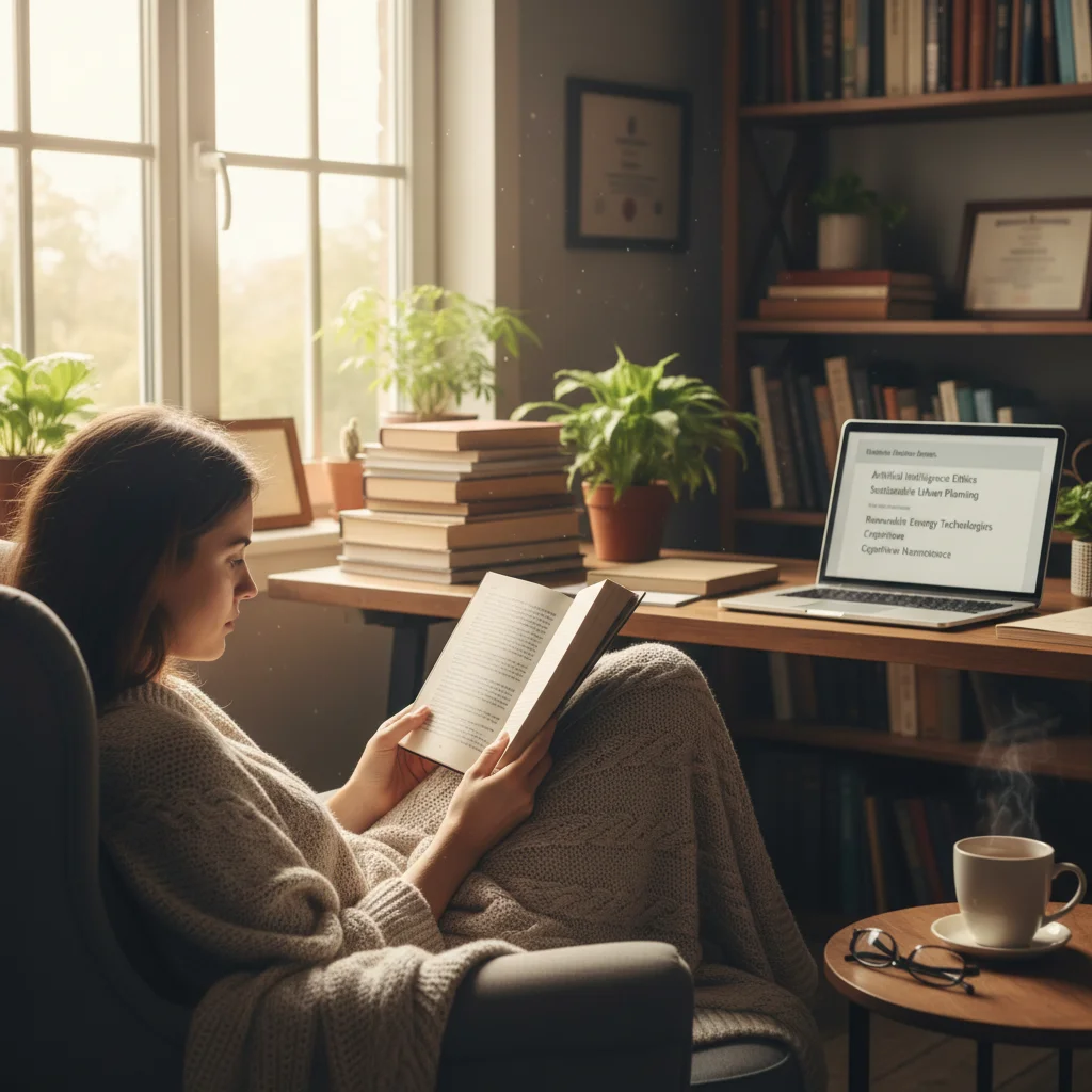 Person deeply focused on reading and research, symbolizing the first week of intellectual exploration.