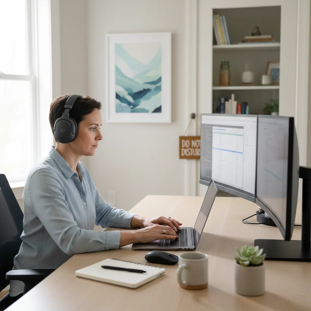 Person with noise-canceling headphones working intently, showcasing deep work without interruptions