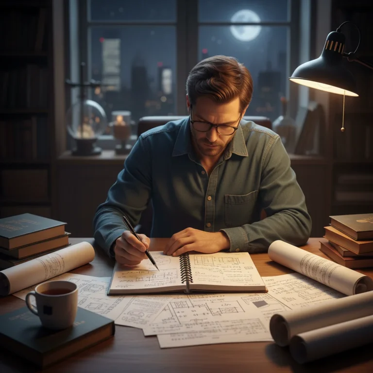 Person engaged in deep, deliberate thinking while writing in a notebook.
