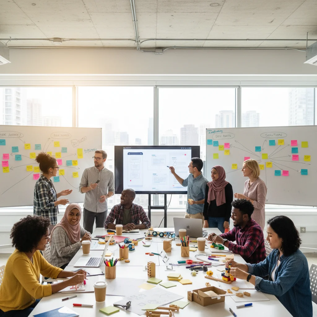 Diverse team collaborating in a design thinking workshop, fostering collective creative flow
