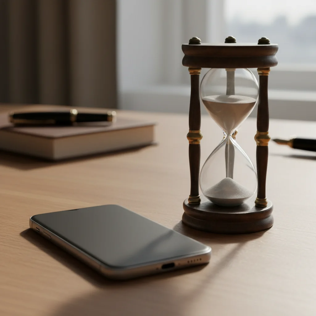 Smartphone face down next to an hourglass for digital detox.