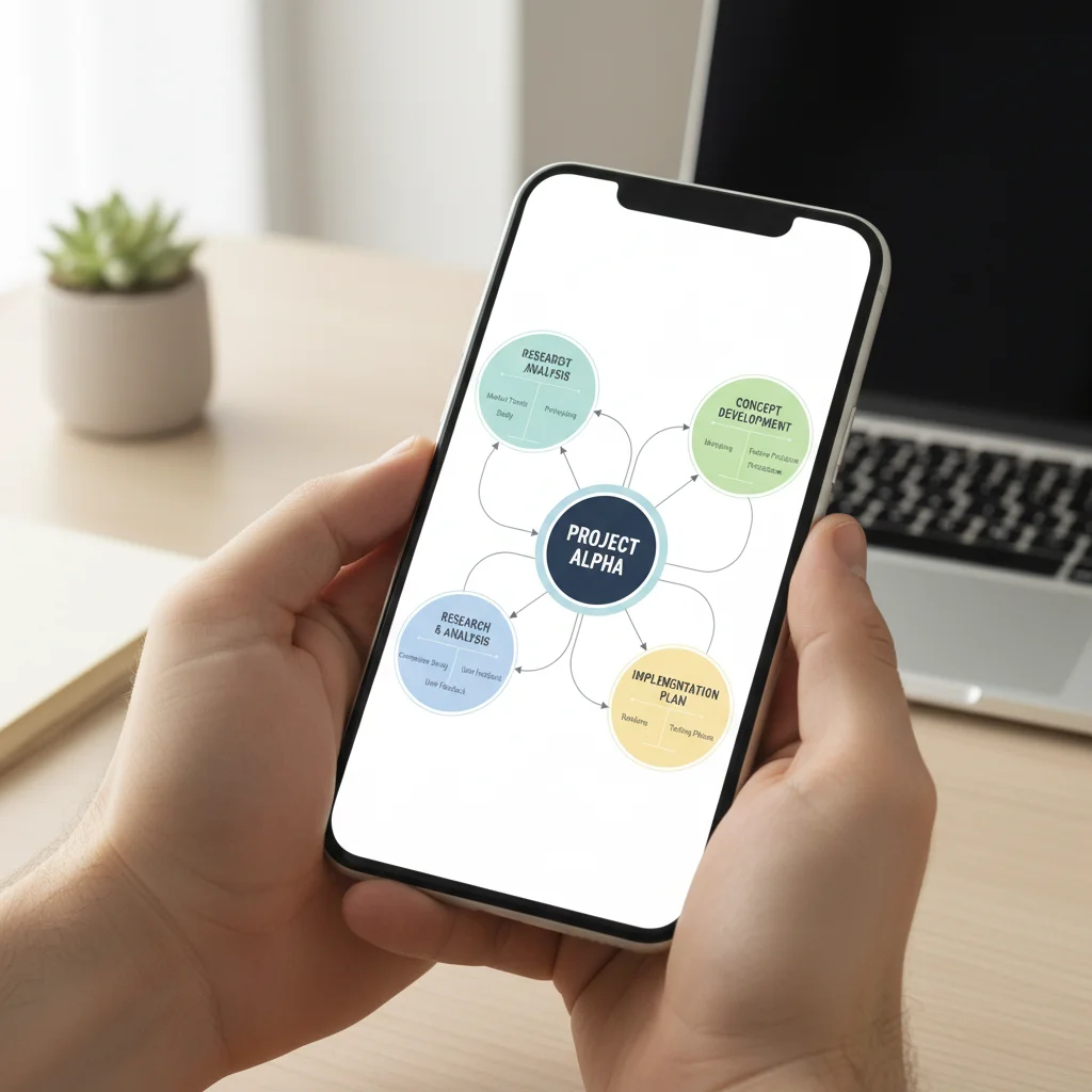 Digital mind map on a smartphone for structured problem solving.