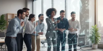 Diverse team collaborating in a modern office, sparking curiosity and innovation