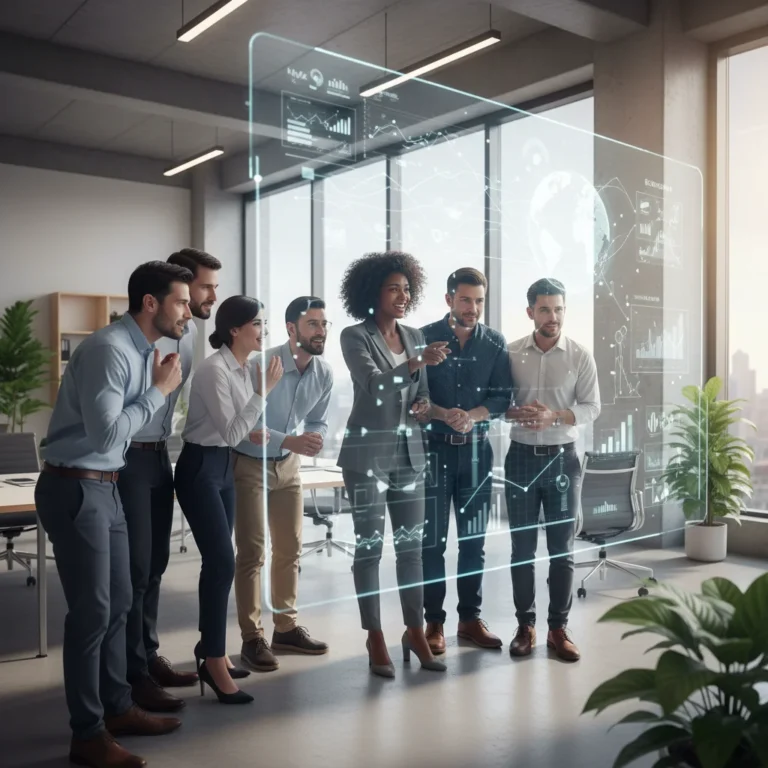 Diverse team collaborating in a modern office, sparking curiosity and innovation