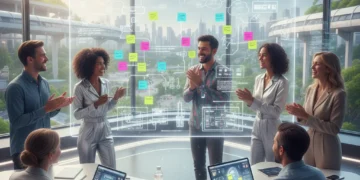Diverse team brainstorming effectively with sticky notes on a whiteboard for innovation in 2026.