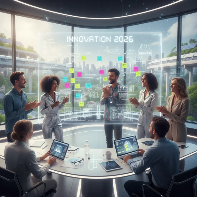Diverse team brainstorming effectively with sticky notes on a whiteboard for innovation in 2026.