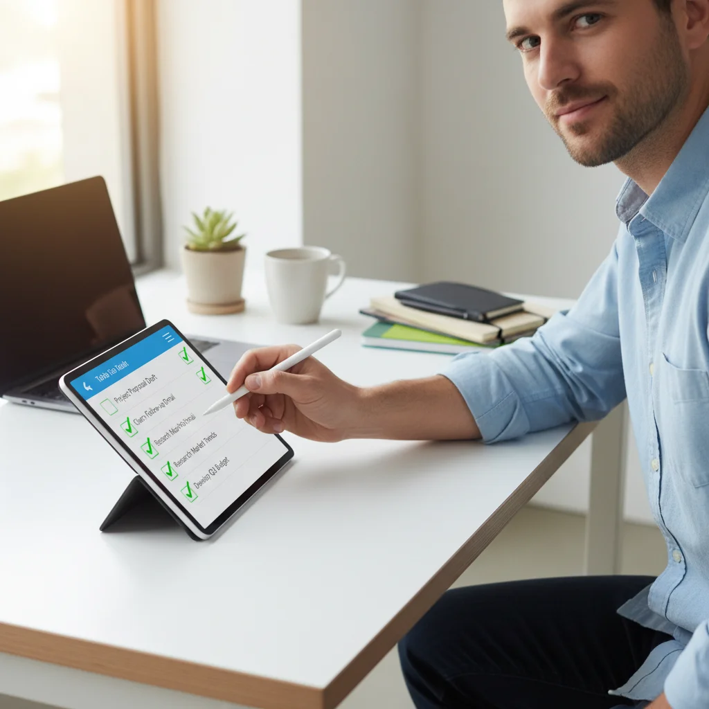Productive individual efficiently completing prioritized tasks using a clean digital interface