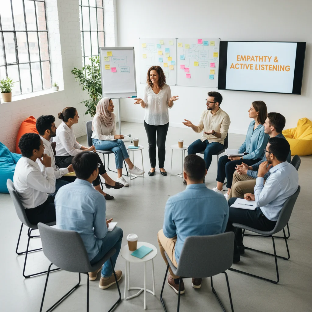 Employees practicing empathy and active listening in a collaborative workshop.