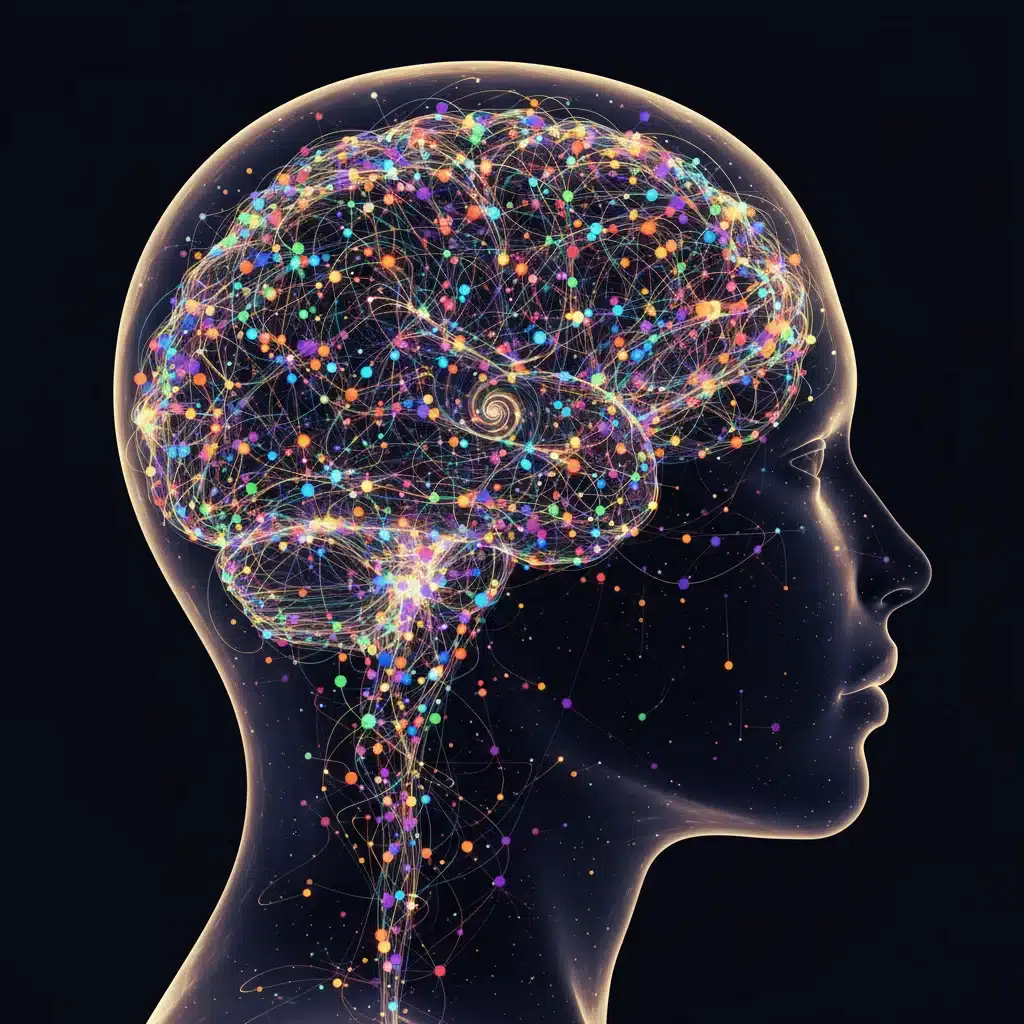 Enhanced cognitive function and neural pathways in a brightly lit brain illustration.