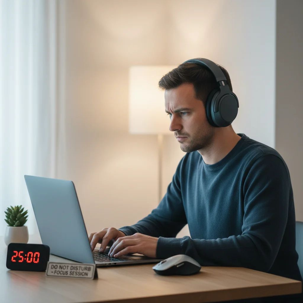 Individual practicing deep work with noise-canceling headphones in a minimalist environment.
