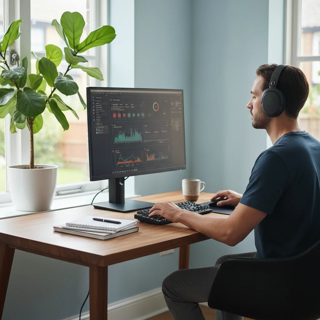 Person focused with noise-cancelling headphones in an organized workspace.