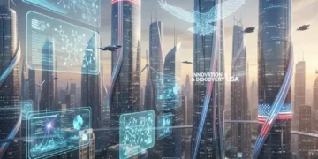 Futuristic cityscape with holographic displays of personalized medicine, quantum computing, and sustainable energy in the US for 2026.