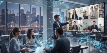 Future of Work: Hybrid, AI & Automation by 2028 (US Insights) Diverse professionals working in a modern hybrid environment, incorporating AI and automation elements in a futuristic US city.