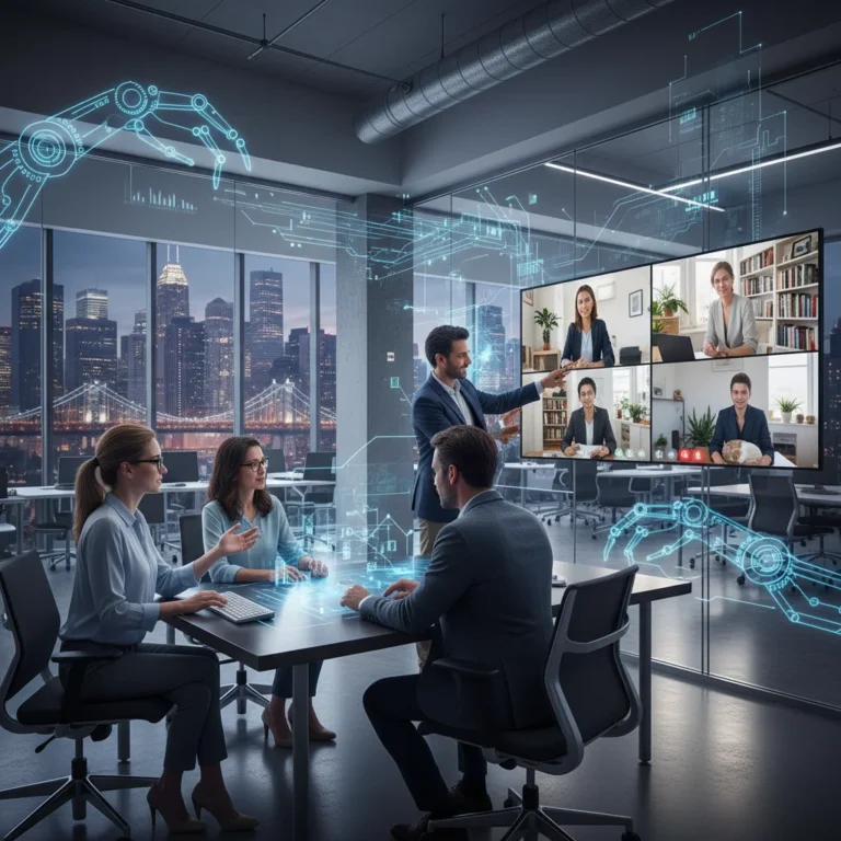 Diverse professionals working in a modern hybrid environment, incorporating AI and automation elements in a futuristic US city.