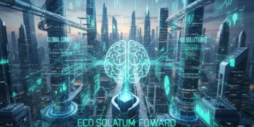 U.S. Business Technology Trends: Navigating the Next 5 Years Futuristic cityscape with digital overlays representing U.S. business technology trends and innovation.
