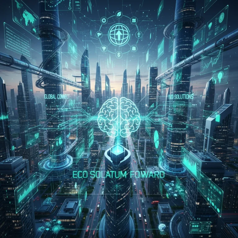 Futuristic cityscape with digital overlays representing U.S. business technology trends and innovation.
