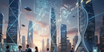 Futuristic U.S. cityscape with digital overlays symbolizing technological innovation and economic transformation by 2027.