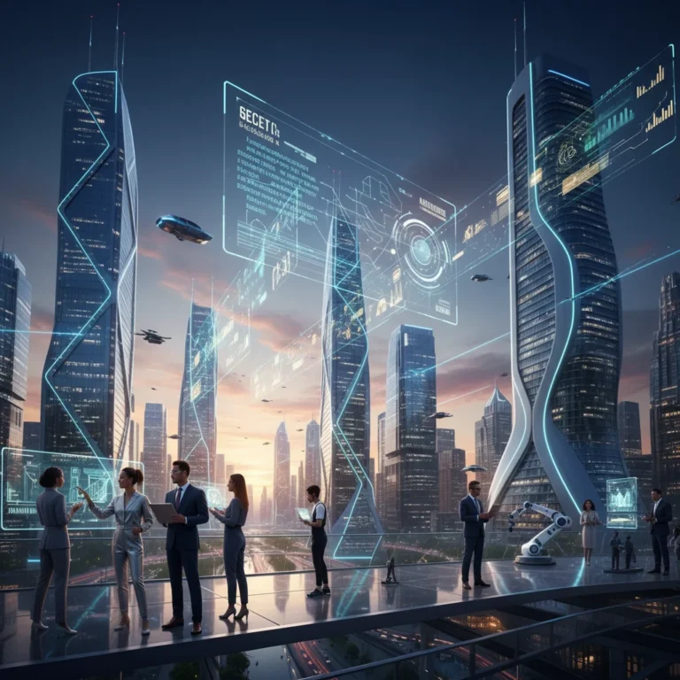 Futuristic U.S. cityscape with digital overlays symbolizing technological innovation and economic transformation by 2027.