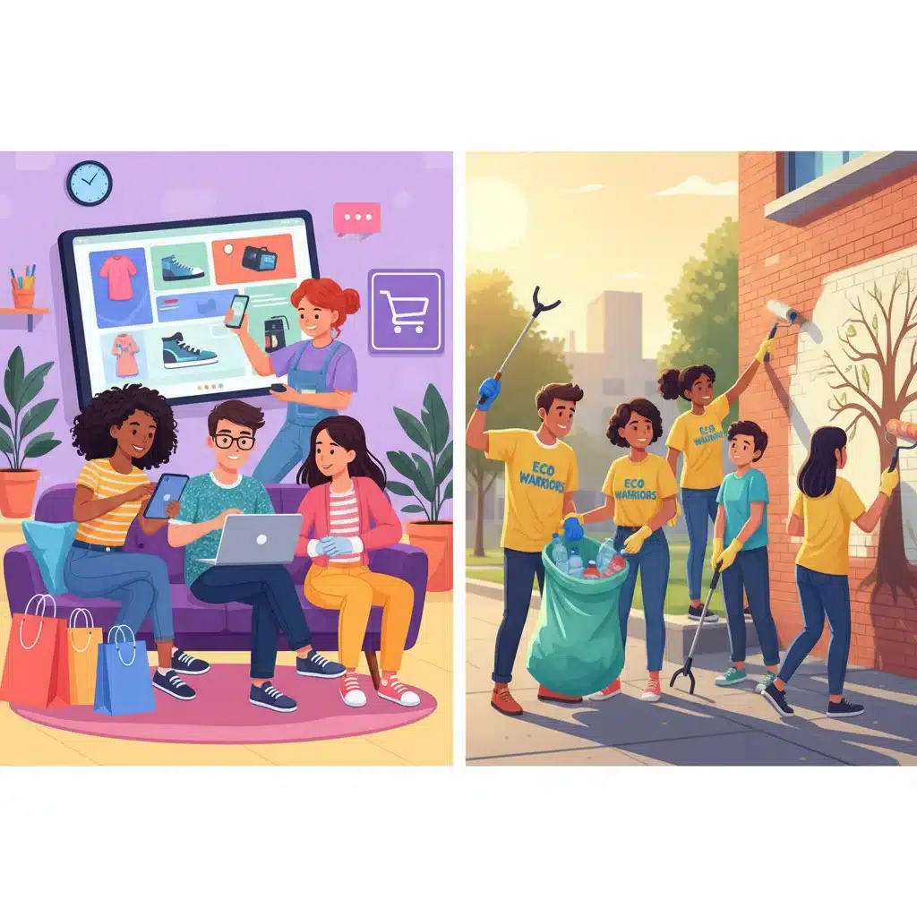 Gen Z engaging in both online shopping and social activism, highlighting their values.