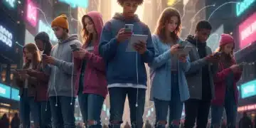 Gen Z consumers interacting with digital devices in an urban setting, representing their market influence.