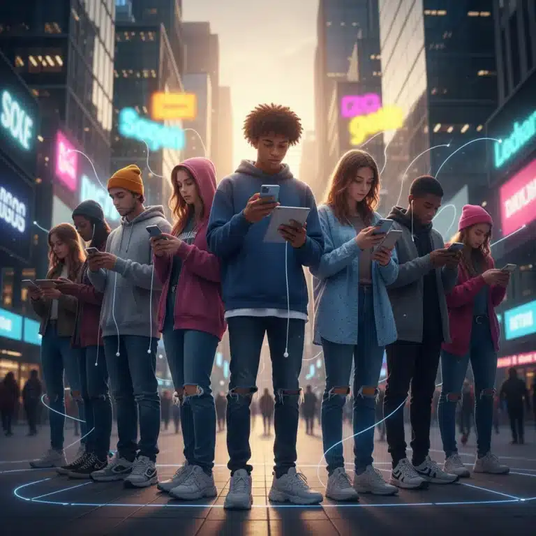 Gen Z consumers interacting with digital devices in an urban setting, representing their market influence.