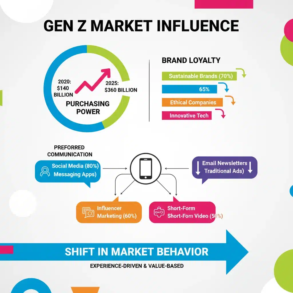 Infographic detailing Gen Z's purchasing power, brand loyalty, and communication preferences.