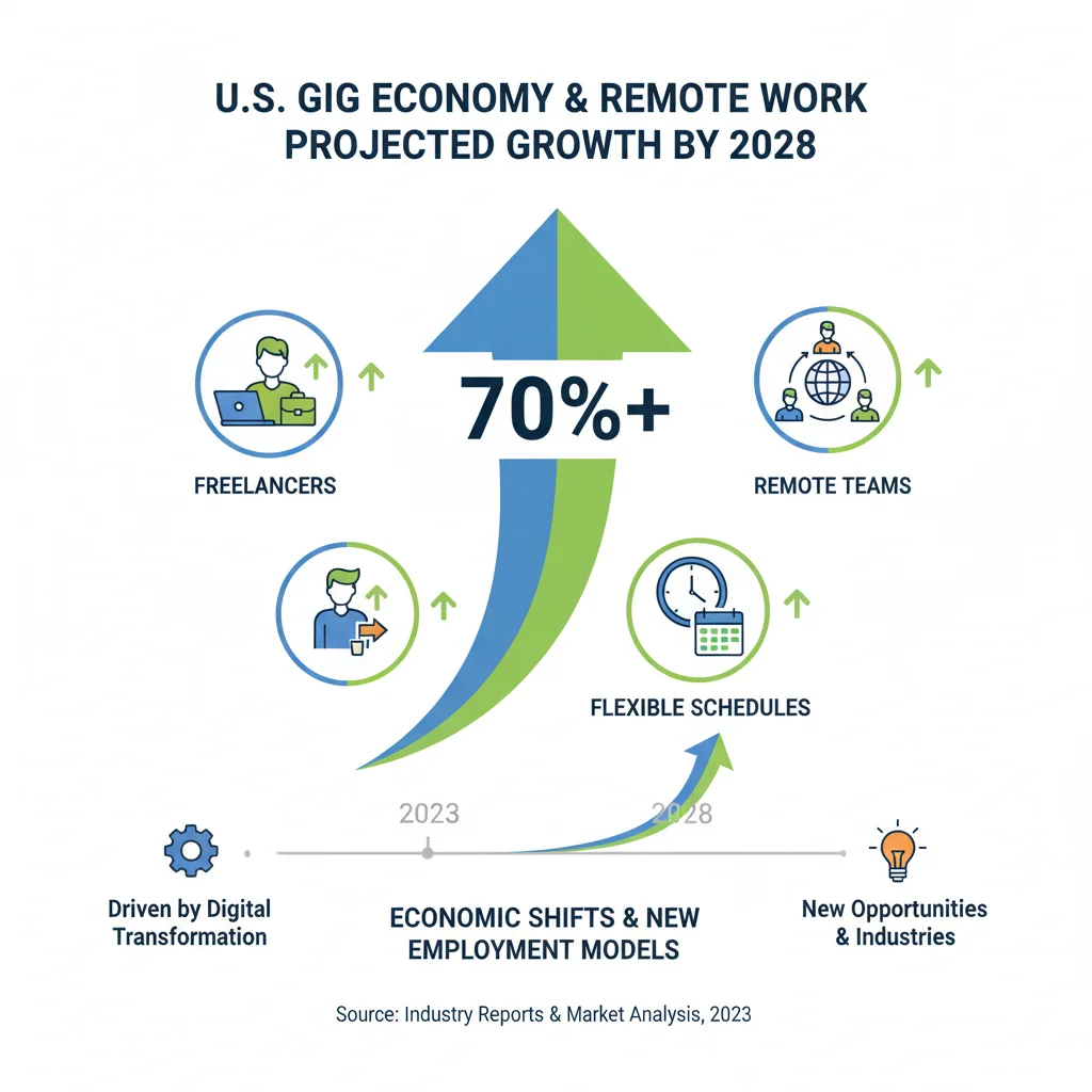 Infographic showing projected growth of gig economy and remote work trends in the US by 2028.