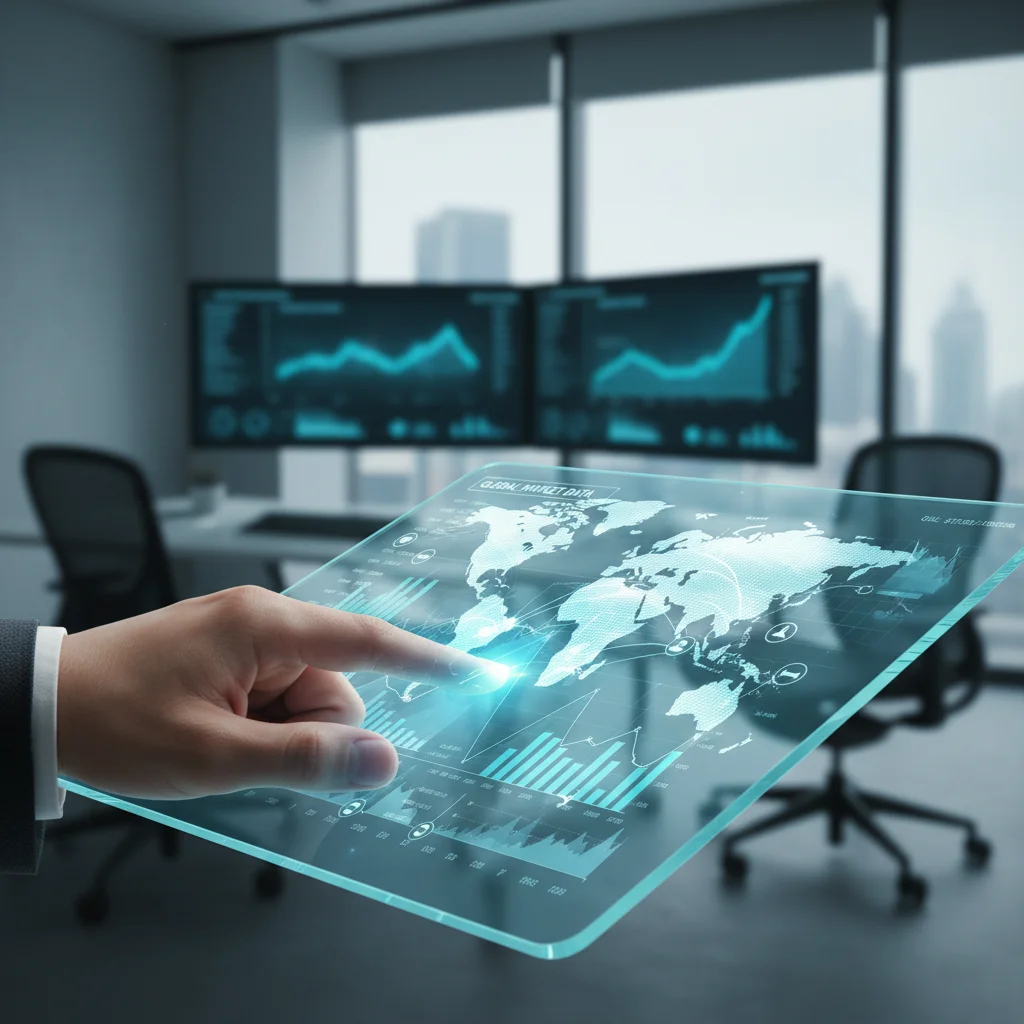 Hand interacting with transparent tablet displaying global market data