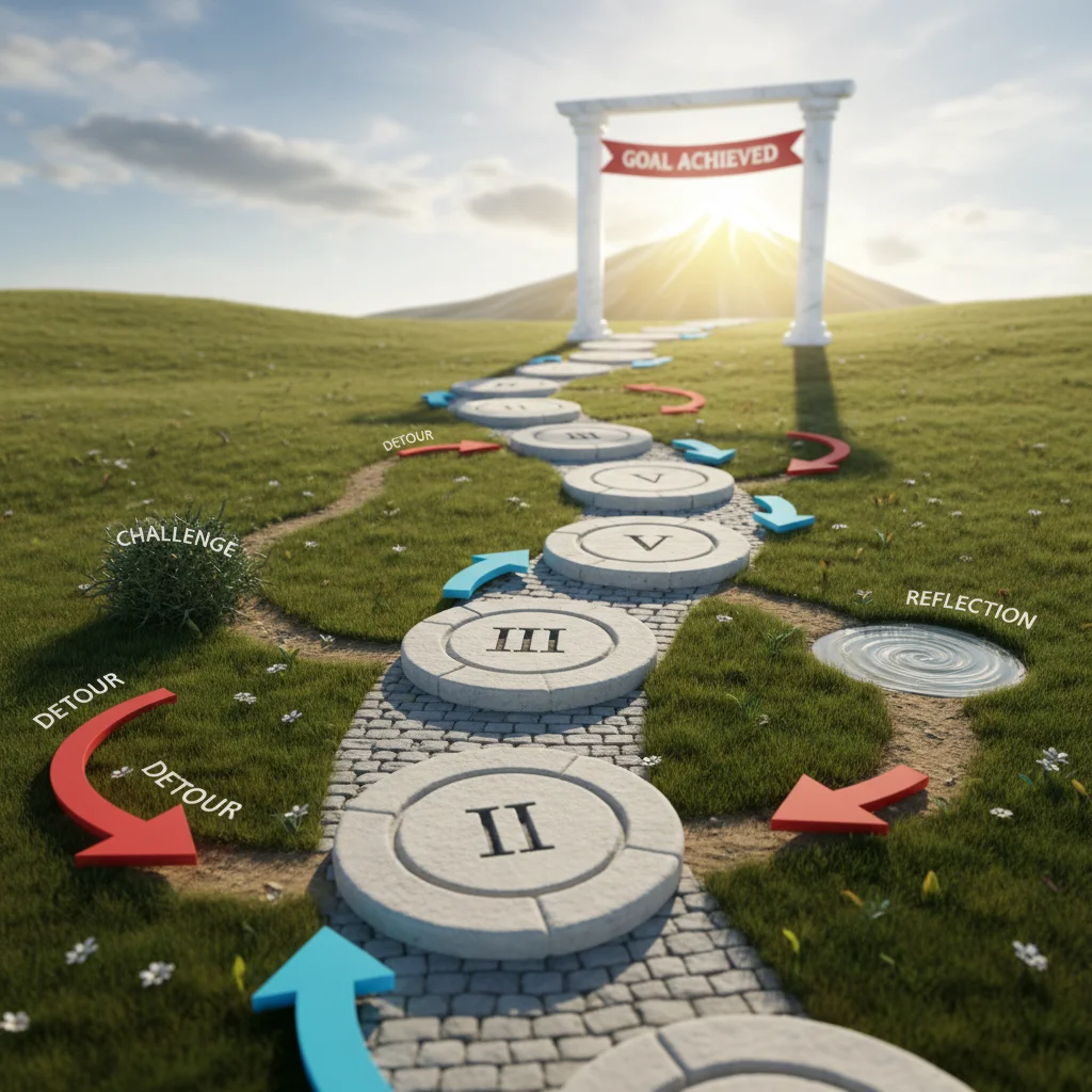Illustration of a winding path with milestones, representing progress towards goals.