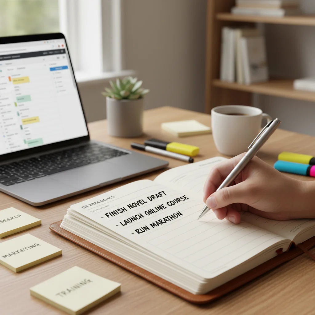 Hand writing clear goals in a planner