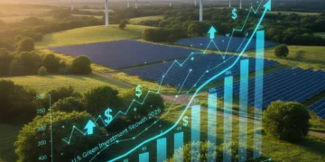 Financial charts showing upward trends alongside renewable energy infrastructure like wind turbines and solar panels, representing green investment returns in the U.S.