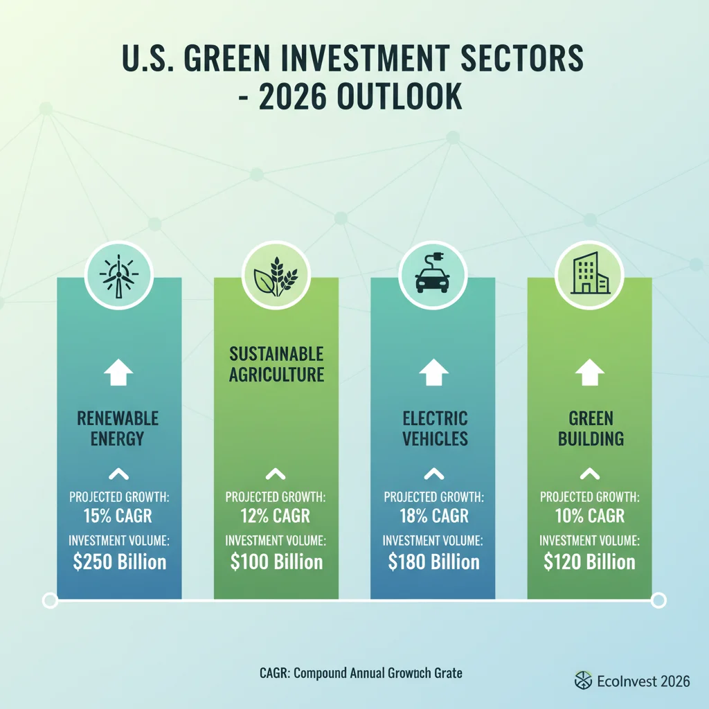 Infographic detailing projected growth and investment volumes for various green investment sectors in the U.S. for 2026.