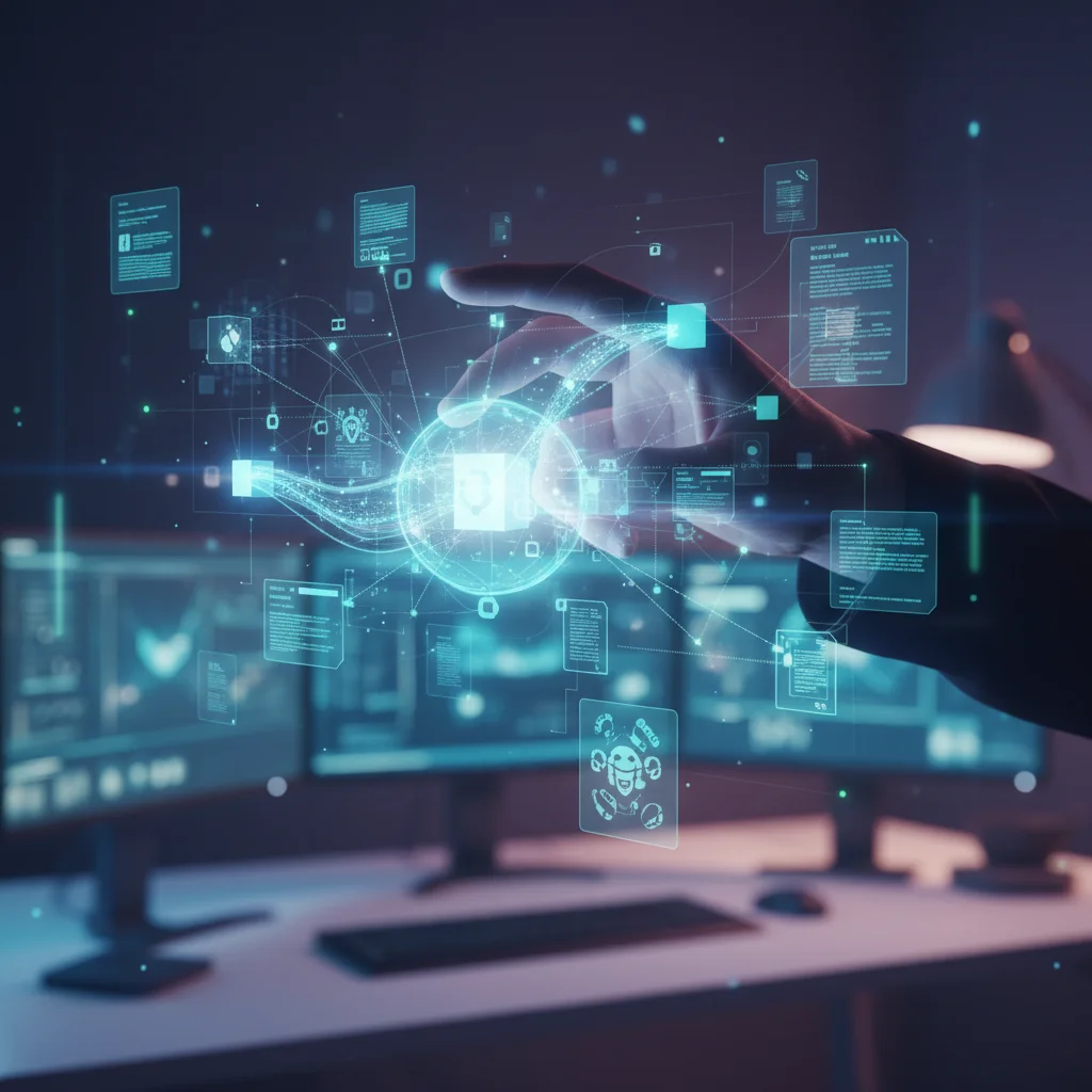 Hand interacting with holographic interface for knowledge organization