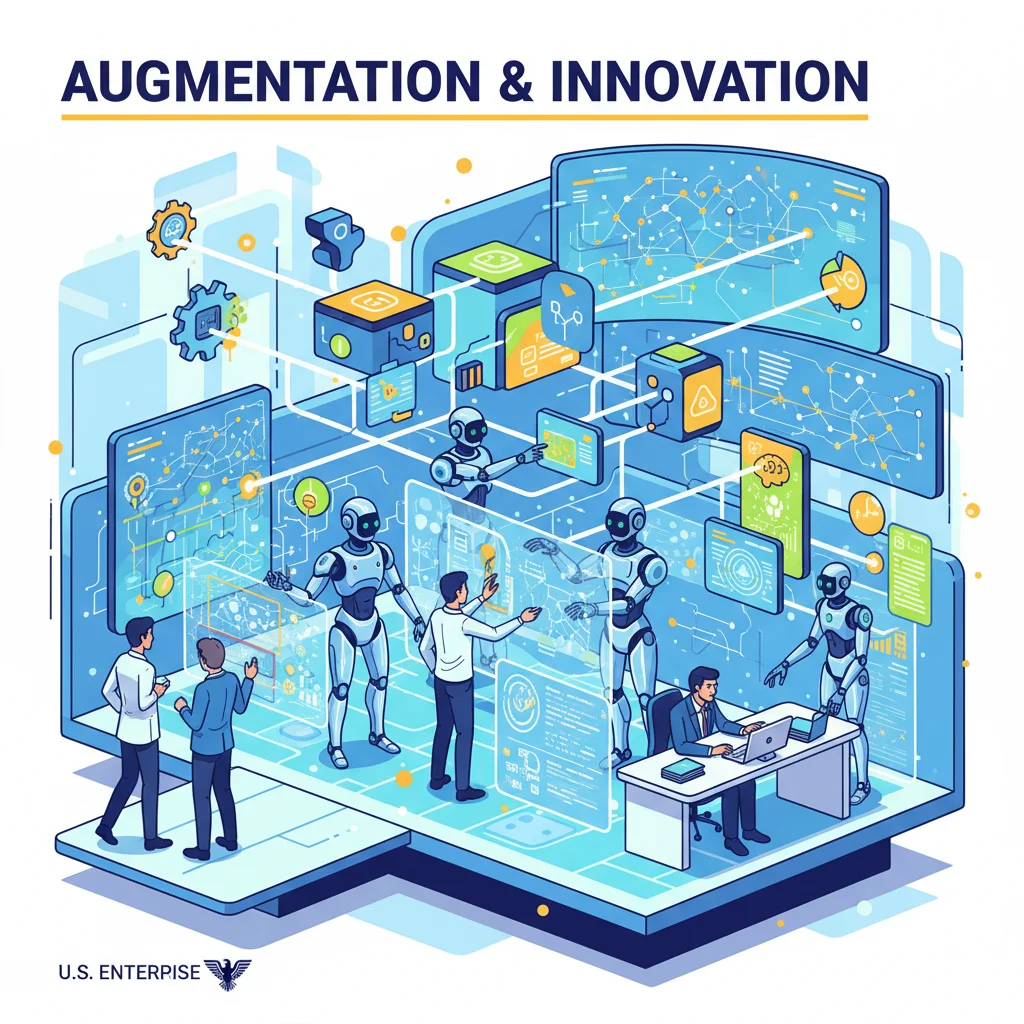 Human-AI collaboration in a modern workplace, showing augmented intelligence and advanced technology integration.