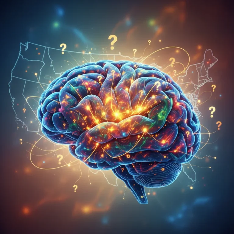 Abstract representation of an ignited curious mind with interconnected ideas and a subtle US map overlay.