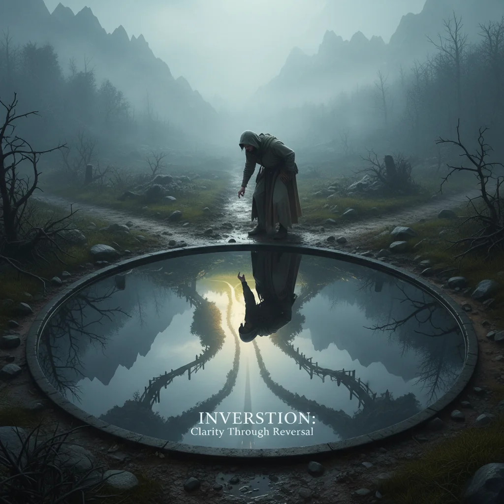 Person at crossroads looking at inverse reflection for inversion thinking