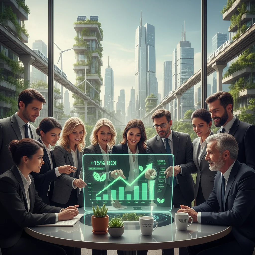 Diverse investors confidently reviewing positive financial data on a tablet, with an eco-friendly city skyline background, symbolizing the success of green investments.