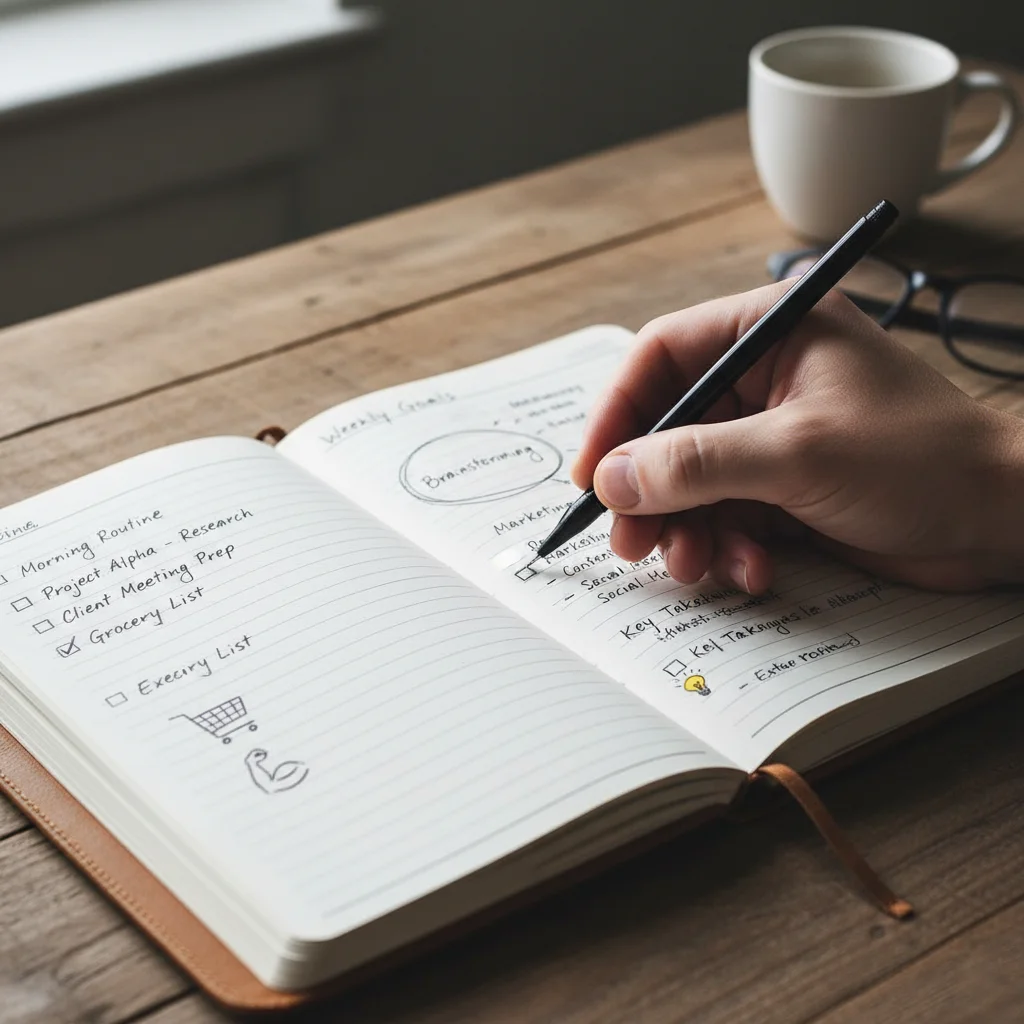 Hand writing in a journal during a daily review session, focusing on tasks.