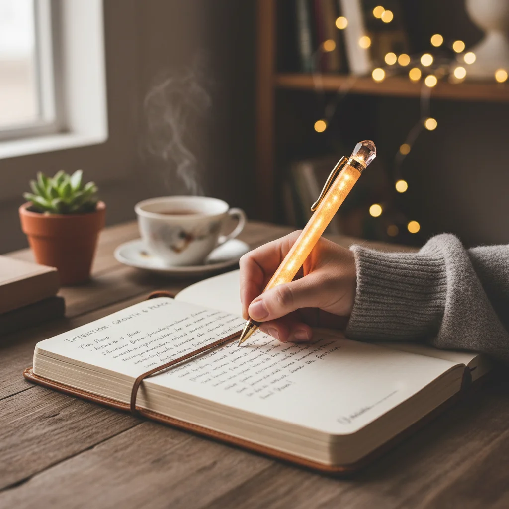 Hand writing in a journal, practicing gratitude and intention setting