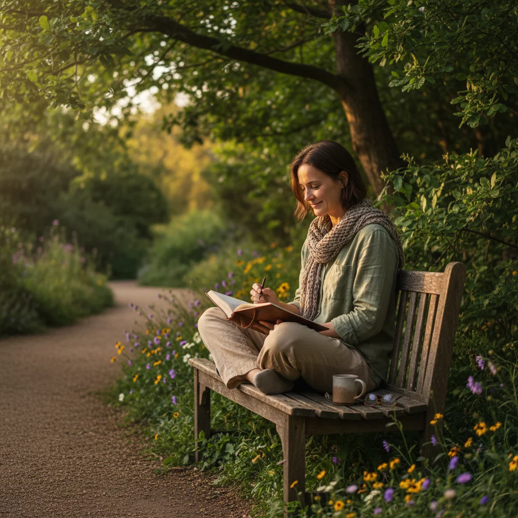 Person journaling in a peaceful park setting, reflecting on thoughts and insights