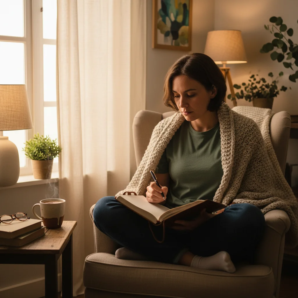 Person journaling, engaged in deep introspection and self-reflection for personal growth.