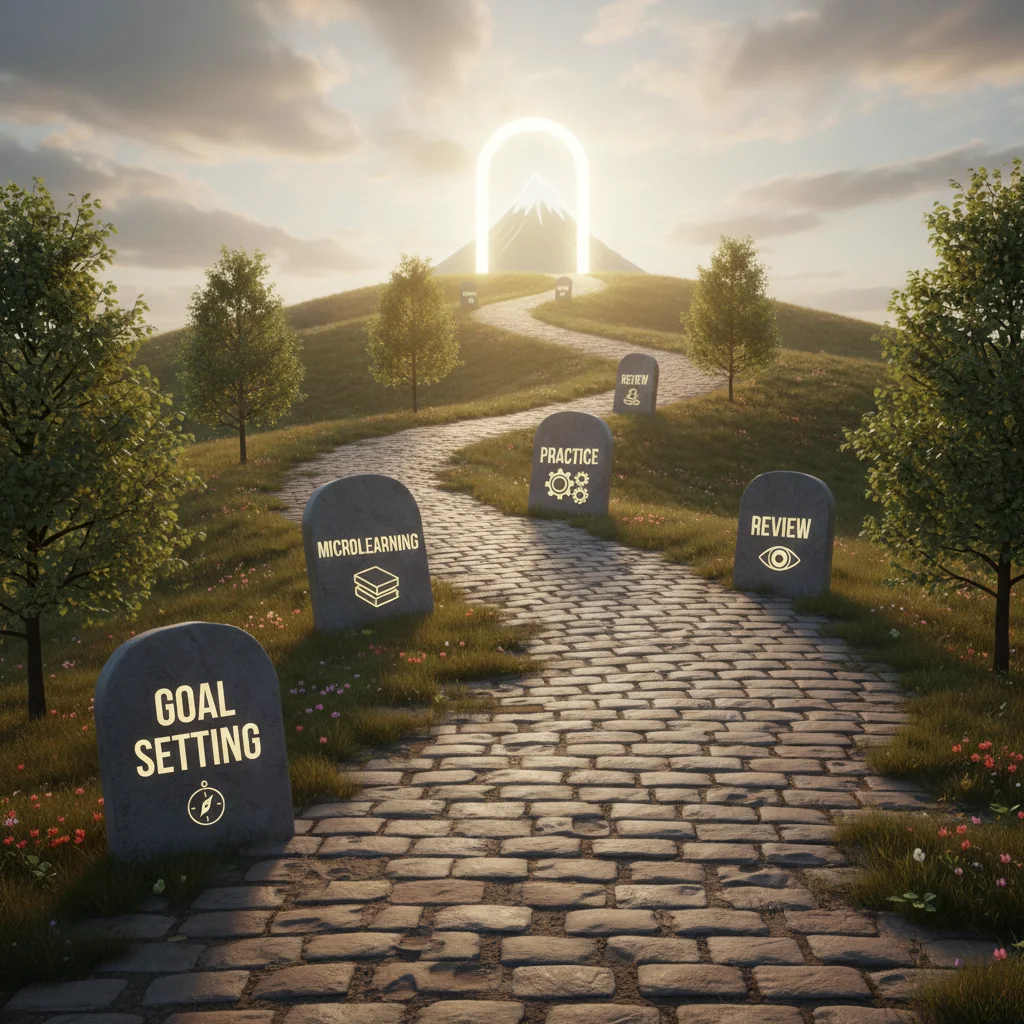 Illustrated winding path representing a structured and consistent learning journey with key milestones.