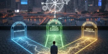 Igniting Your Purpose: A 3-Step Framework for Meaningful Work in the Current Economy Person contemplating three illuminated paths for meaningful work in a modern city.