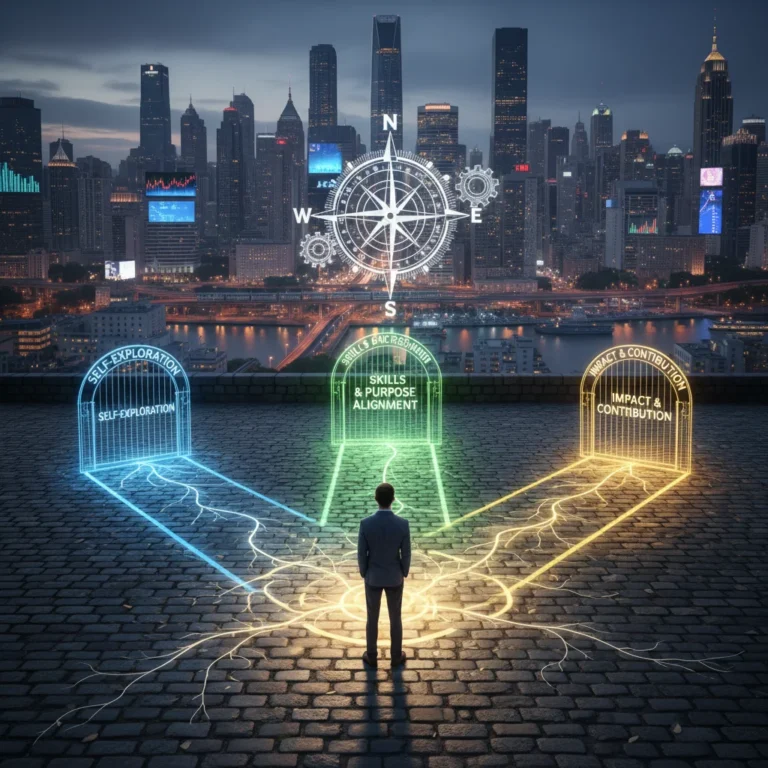 Person contemplating three illuminated paths for meaningful work in a modern city.