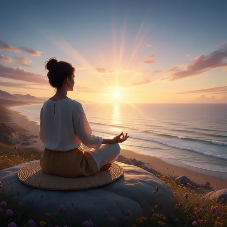 Person meditating at sunrise, embodying peace and new beginnings