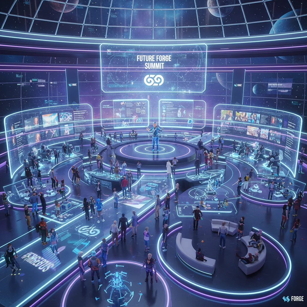 Avatars engaging in a branded virtual event within a metaverse experience center, highlighting community building.