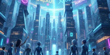 Metaverse Opportunities for US Brands: A Deep Dive Futuristic digital city with holographic brand logos and interacting avatars, symbolizing metaverse opportunities for US brands.