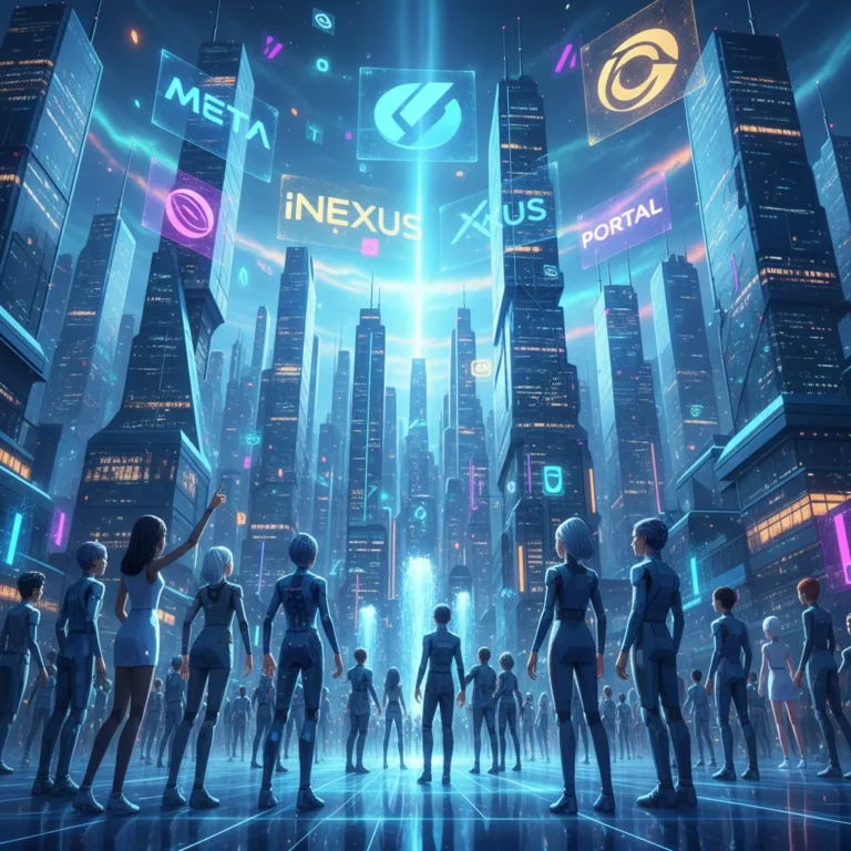 Futuristic digital city with holographic brand logos and interacting avatars, symbolizing metaverse opportunities for US brands.