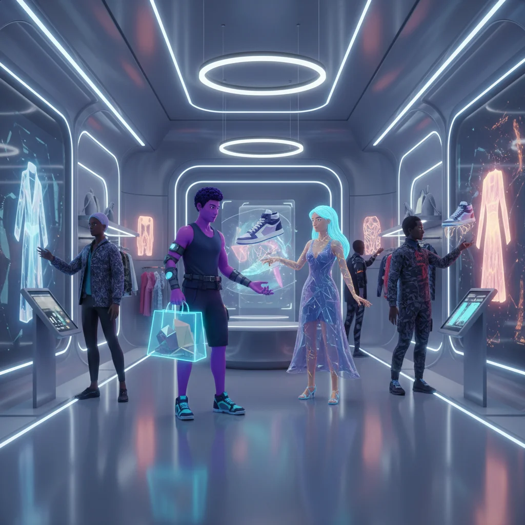 Avatars shopping in a virtual retail store, showcasing immersive e-commerce in the metaverse.