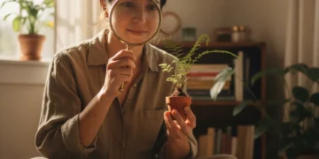 Person practicing mindful observation with a magnifying glass on a plant